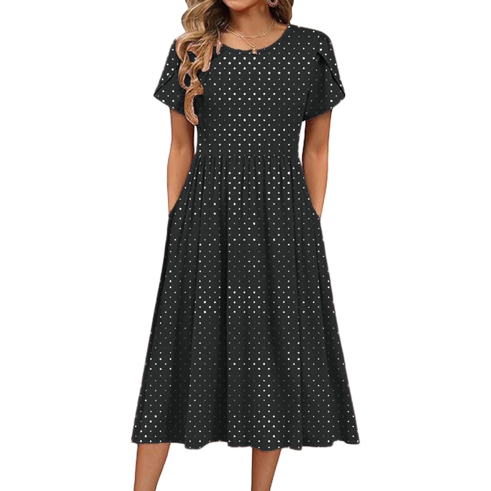 Women s Fashion Spring And Summer Dress Casual Short Sleeve Round Neck Petal Long Printed Dress L