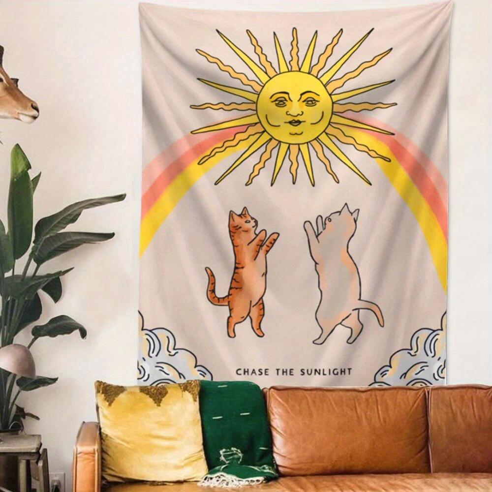 Chase The Sunlight Cat Print Tapestry Cute Boho Style Wall Hanging For Dorm Bedroom And Room Decor And Aesthetic Arrangement