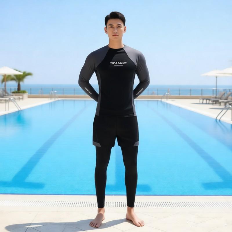 Men's Gray Long-sleeved Swimsuit Suit Set Boys Sunscreen Surfing Adult Anti-embarrassment Swimming Pants