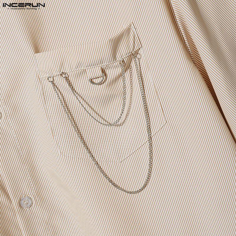 INCERUN Summer Men Short Sleeve Chain Decoration Striped Loose Casual Tassel Shirts Tops