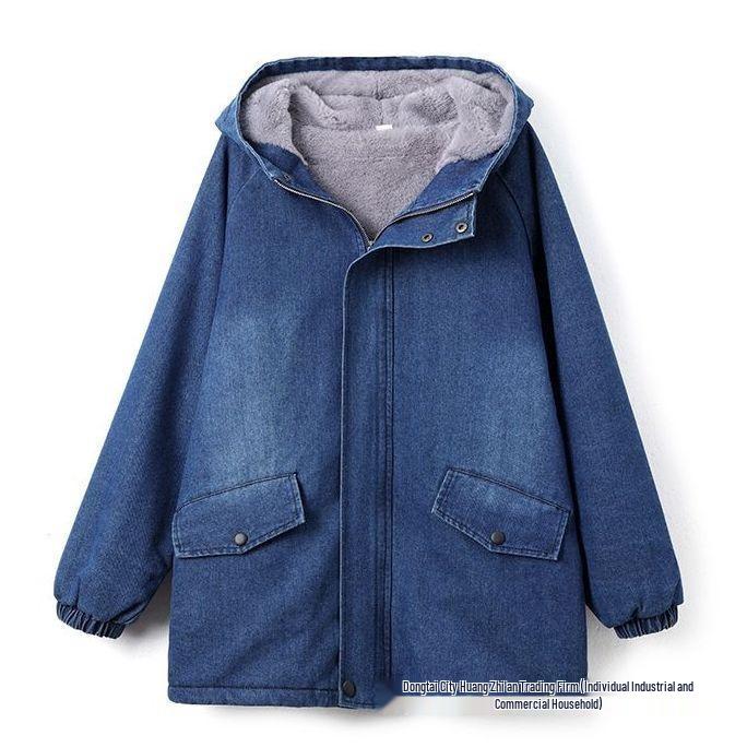 Damjacka i denim med huva och plyschfoder, medellång, stora storlekar, casual, Höst/Vinterkollektion 2025