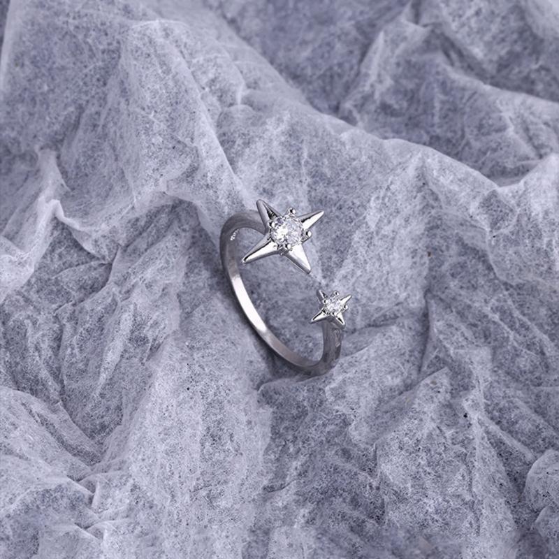 Sweet Cool Temperament Four-star Light Zircon Open Ring Cold Wind Simple Niche Design Rhinestones Ring for Women Girls