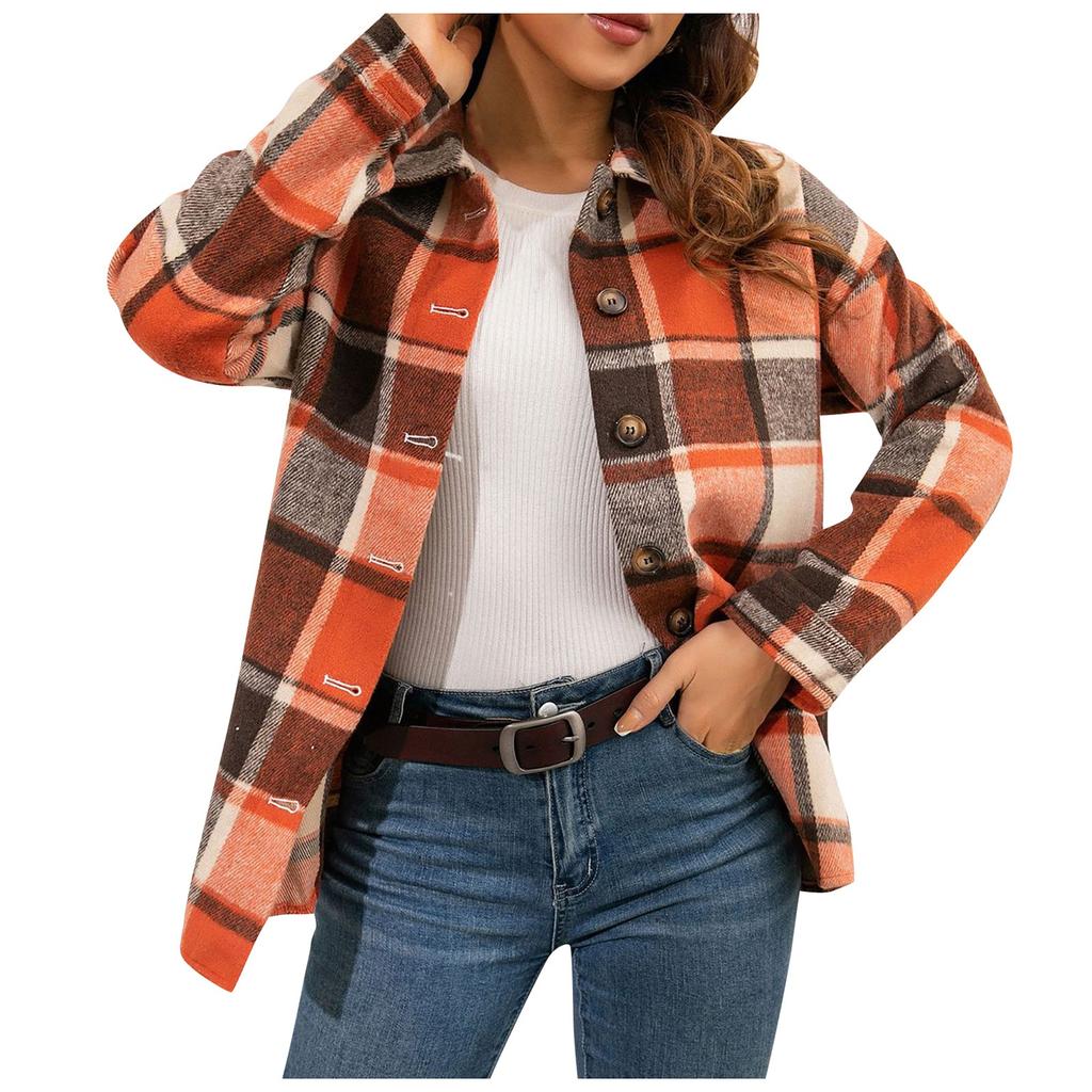 Fashion Women's  Casual Loose Grinding Wool Plush Plaid Long-sleeved Shirt Jacket