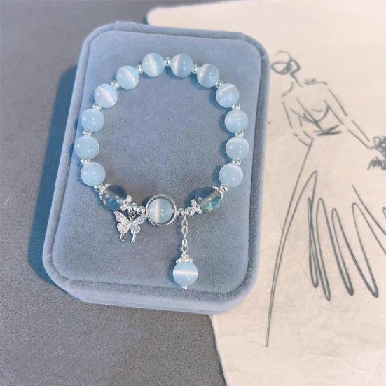 Yousheng Women Bracelet Imitation Opal Butterfly Pendant Smooth Elastic Band Regular Fit Lady Birthday Gift Exquisite Lightweight Wrist Bracelet
