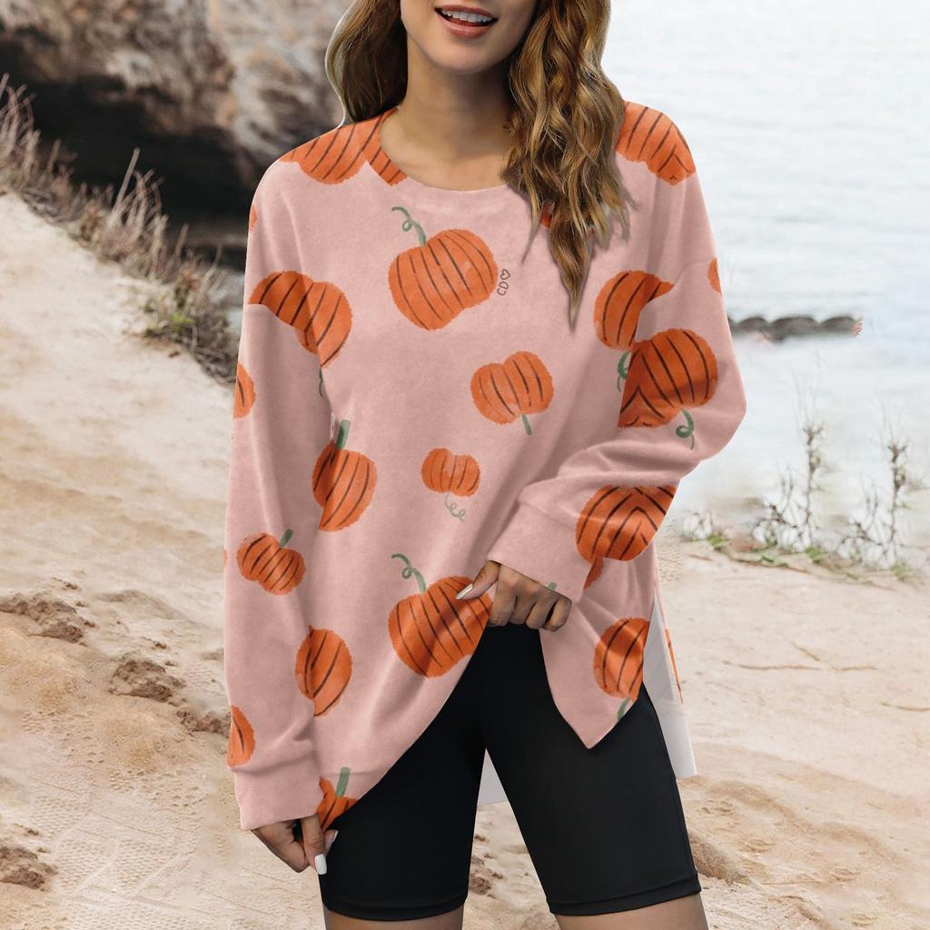 Women's Fashion Side Split Round Neck Pullover Long Sleeve Halloween Printed Top Sweatshirt