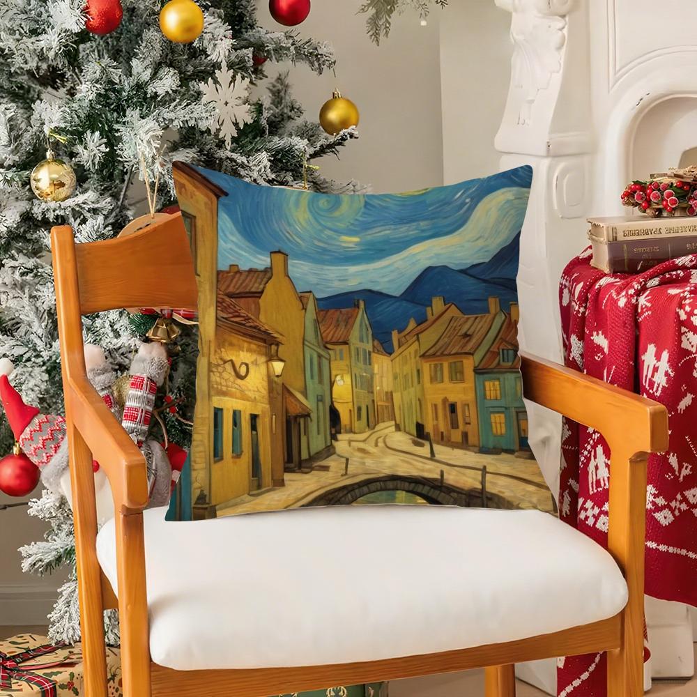 VVan Gogh Starry Sky Oil Painting Pillow Case Silky Short Plush With Invisible Zipper Dustproof Sofa Cushion Cover