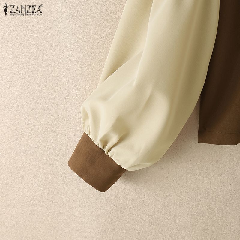 ZANZEA Women CasuaL Stand Collar Splice Puff Long Sleeve Blouse
