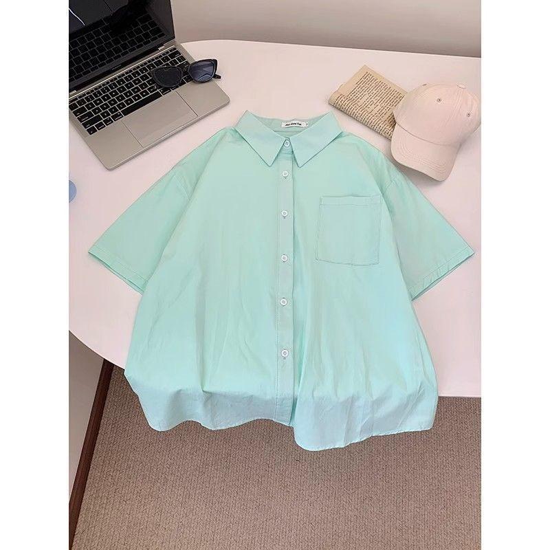 Women's Solid Color Short Sleeved Shirts Summer Pocket Decoration Versatile Tops Korean Sweet Simple Ladies Blouse