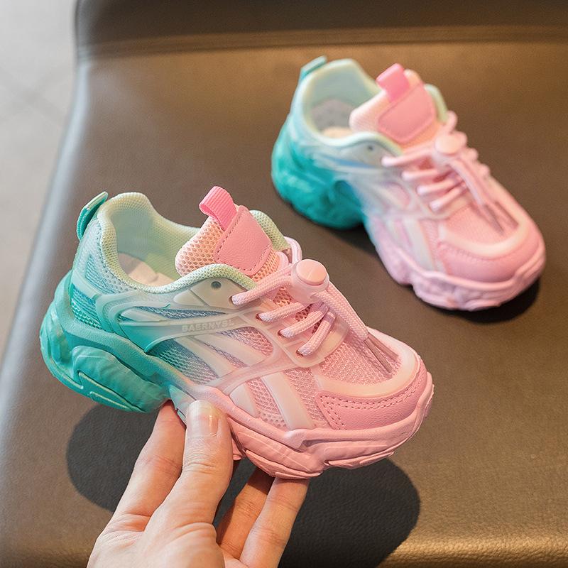 Color-blocking Boys Lace-up Breathable Mesh Sneakers 2024 Korean Style Kids Fashion Non-slip Street Style Sport Shoes for Girls