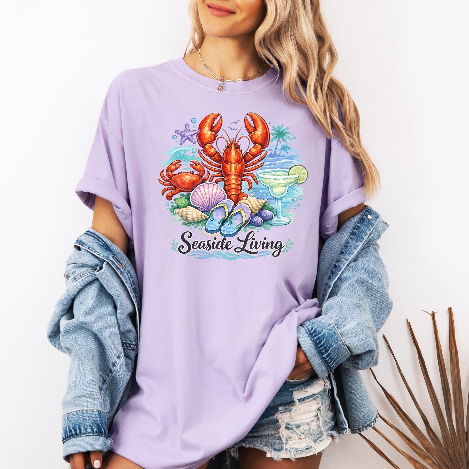 Seaside Living Tee | Beach Shells, Palm Trees, Coastal Vibes 4XL