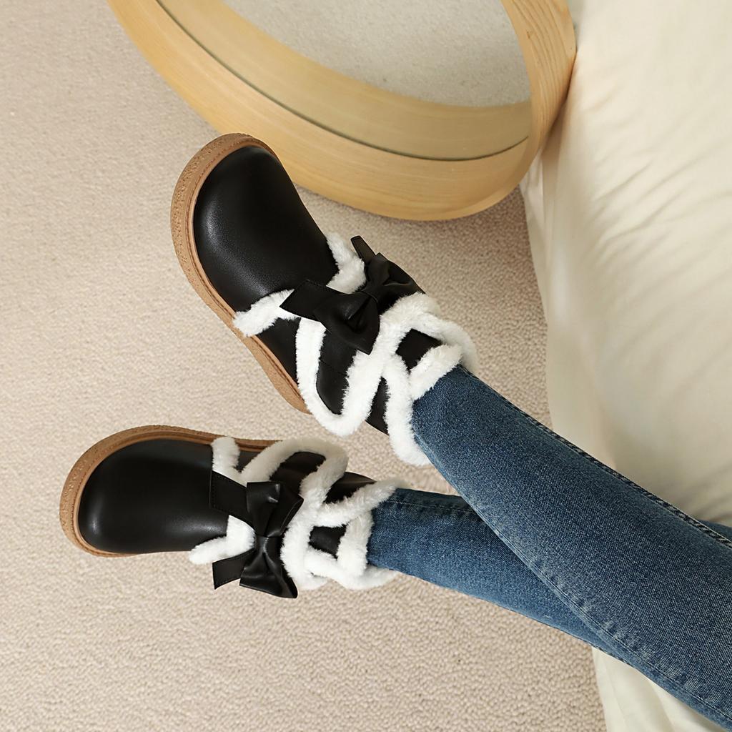 Cute Boots Women Winter Boots Lined Fashion Mid Calf Boots For Women Warm Fuzzy Boots Comfortable Womens Boots With Bowknot