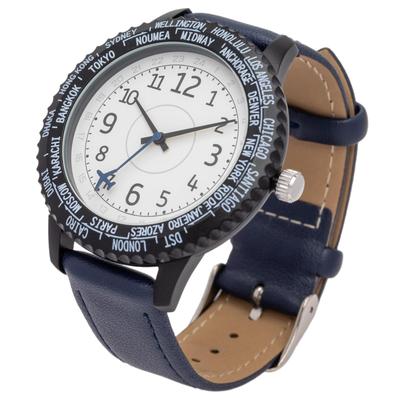 Fieldwork Analoog Horloge met Leer Wereldtijd Roterend Marineblauw Wald Damesband, Wijzerplaat, Ring, Blauw, YM125-4