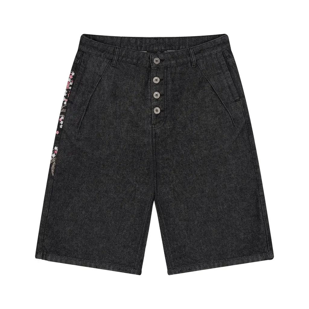 Shorts en Denim Brodés Fleurs de Cerisier Gothiques Y2K Hommes Femmes Hip Hop Rétro Shorts Larges Noirs Pantalons Basse Taille Au-dessus du Genou
