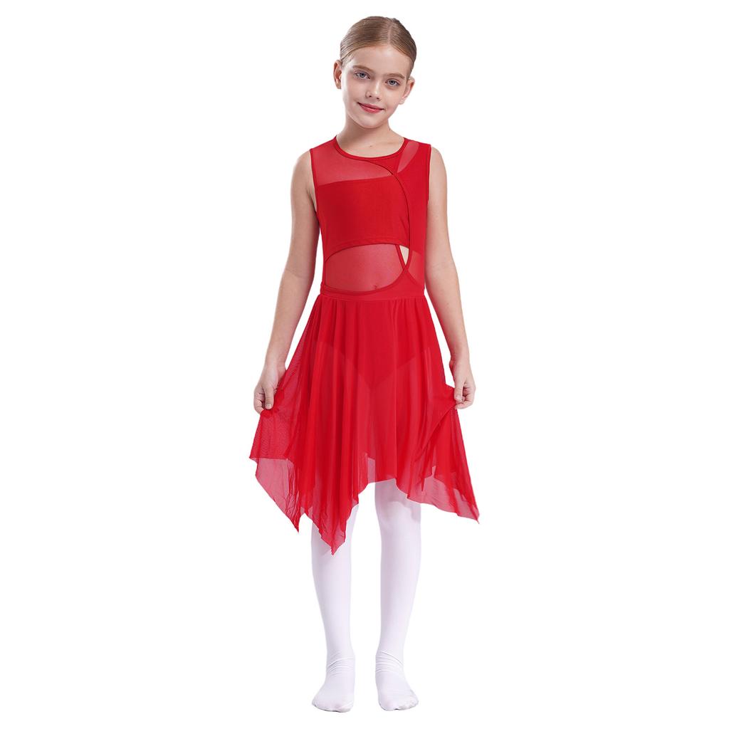 Kids Girls Lyrical Modern Contemporary Dance Dress Ballet Leotard Dress Cut Out Front Backless Mesh Tulle Skirt