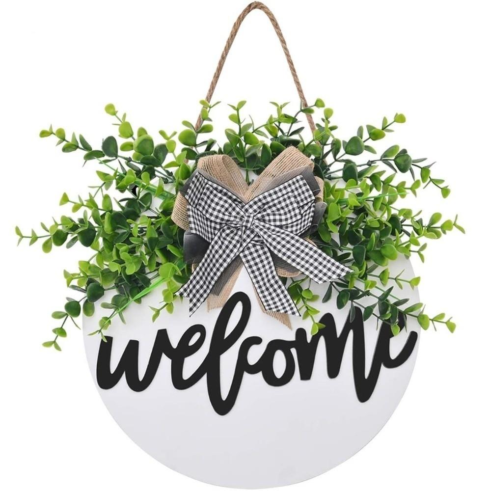 Artificial Plant Door Wreath Bowknot Wall Art Gifts Wooden Welcome Sign Porch Decor