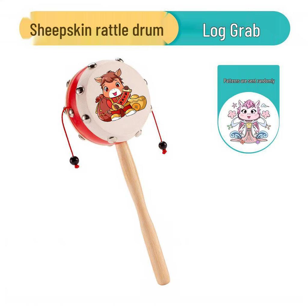Lambskin Rattle: Wooden Baby Hand-Shaking Drum, Drop-Resistant, Chewable Musical Toy