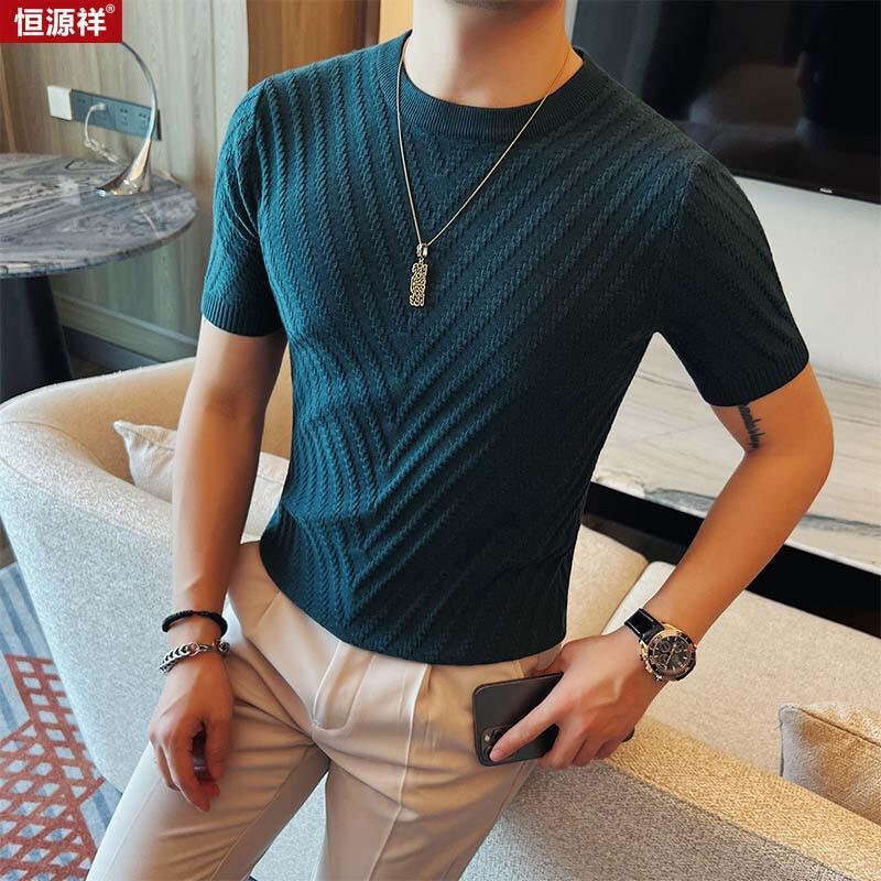 Hengyuanxiang Men s Jacquard Knit Short Sleeve T-Shirt M