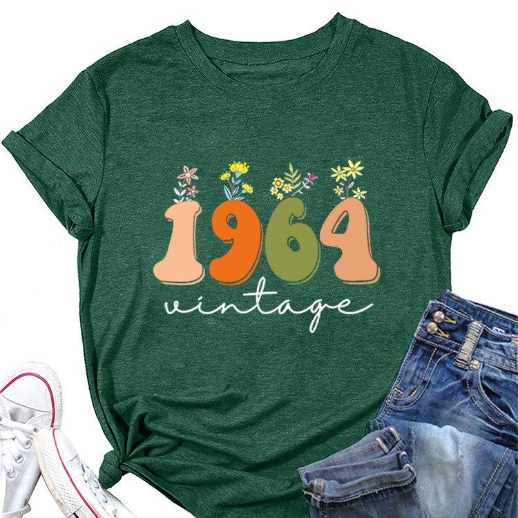 Casual Loose short sleeve Tshirt 1964 vintage printed Summer Ladies O neck fashion top