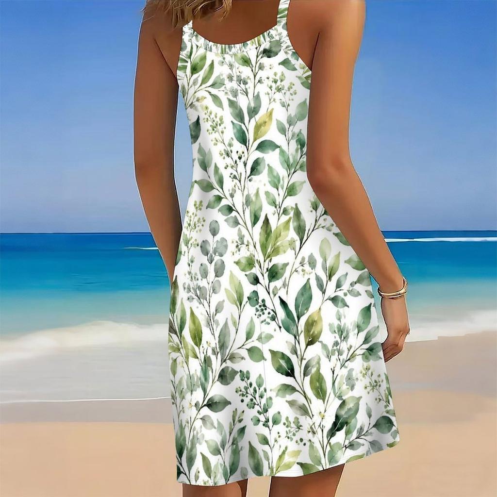 Women Plus Size Scoop Neck Thin Strap Sleeveless Printed Orange Loose Curved Hem Beach Dress
