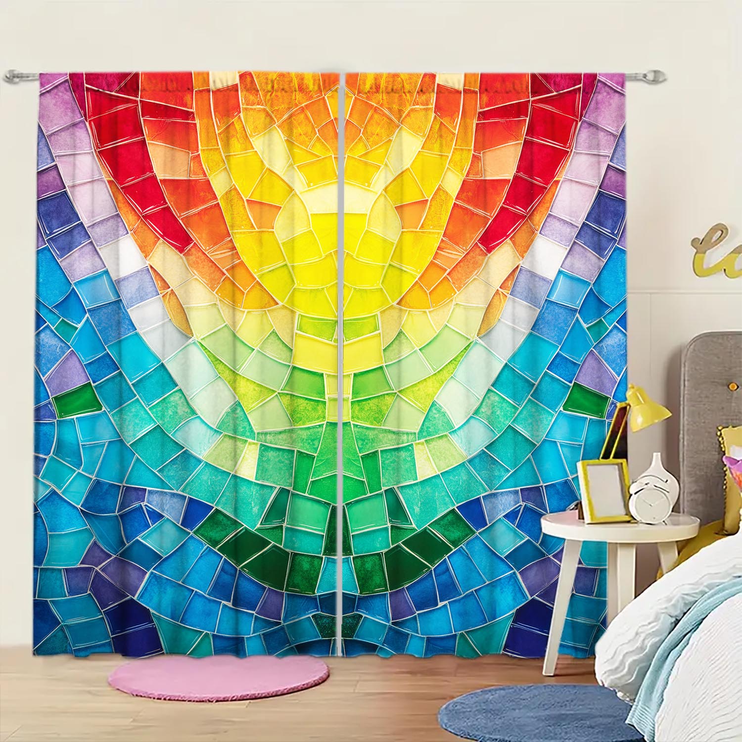 

Panels Colored Irregular Grid Pigment Curtains Versatile Design Suitable Any Style Creating Peaceful Living Space Made Of Polyester W100*H70(CM)-Grommet top&2PCS