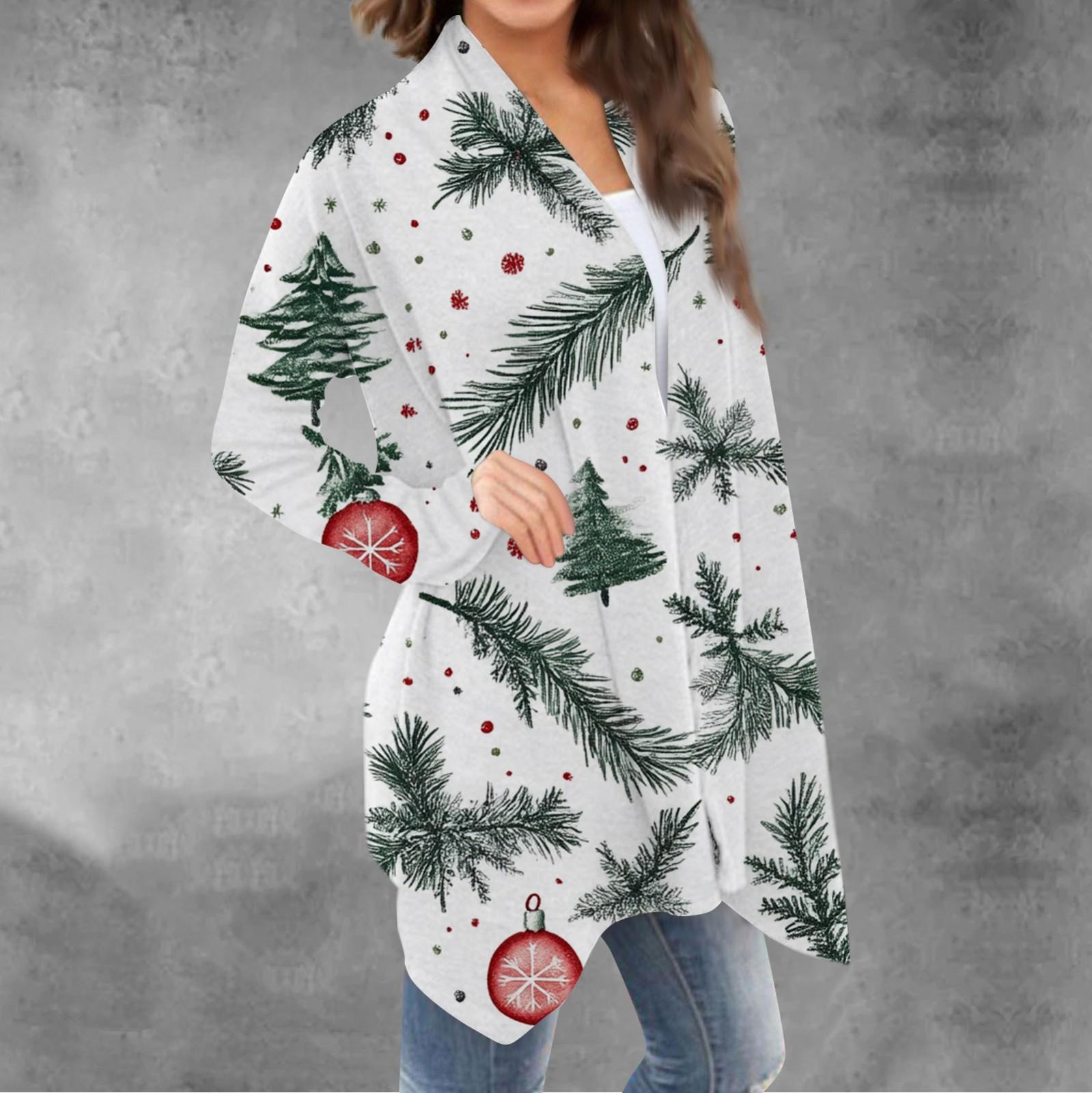 

Женский повседневный кардиган с длинными рукавами и рождественским принтом без верхнего пальто S белый