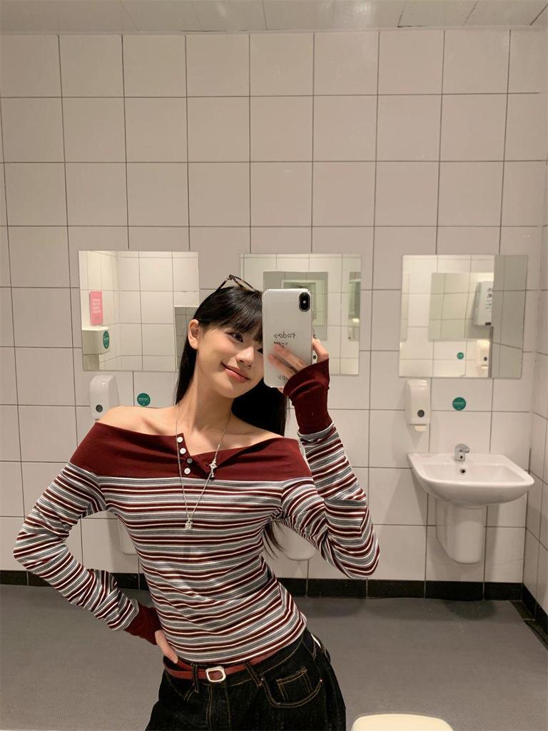 Retro Striped One-Shoulder Patchwork Slim Fit Long Sleeve Women's Top for Autumn 2025