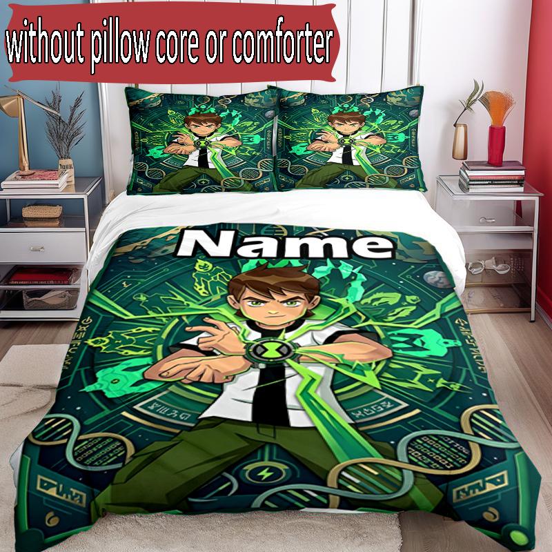 3pcs Duvet Cover Set (1*Duvet Cover + 2*Pillowcase, Without Core), Custom Name Ben 10 Cartoon Pattern Bedding Set, Home Bedroom Decor Gift