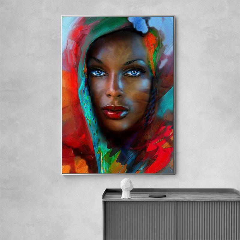 Blue Eyes Abstract African Woman Canvas Painting Black Woman Posters Prints Wall Art Pictures for Living Room Wall Decor Cuadros