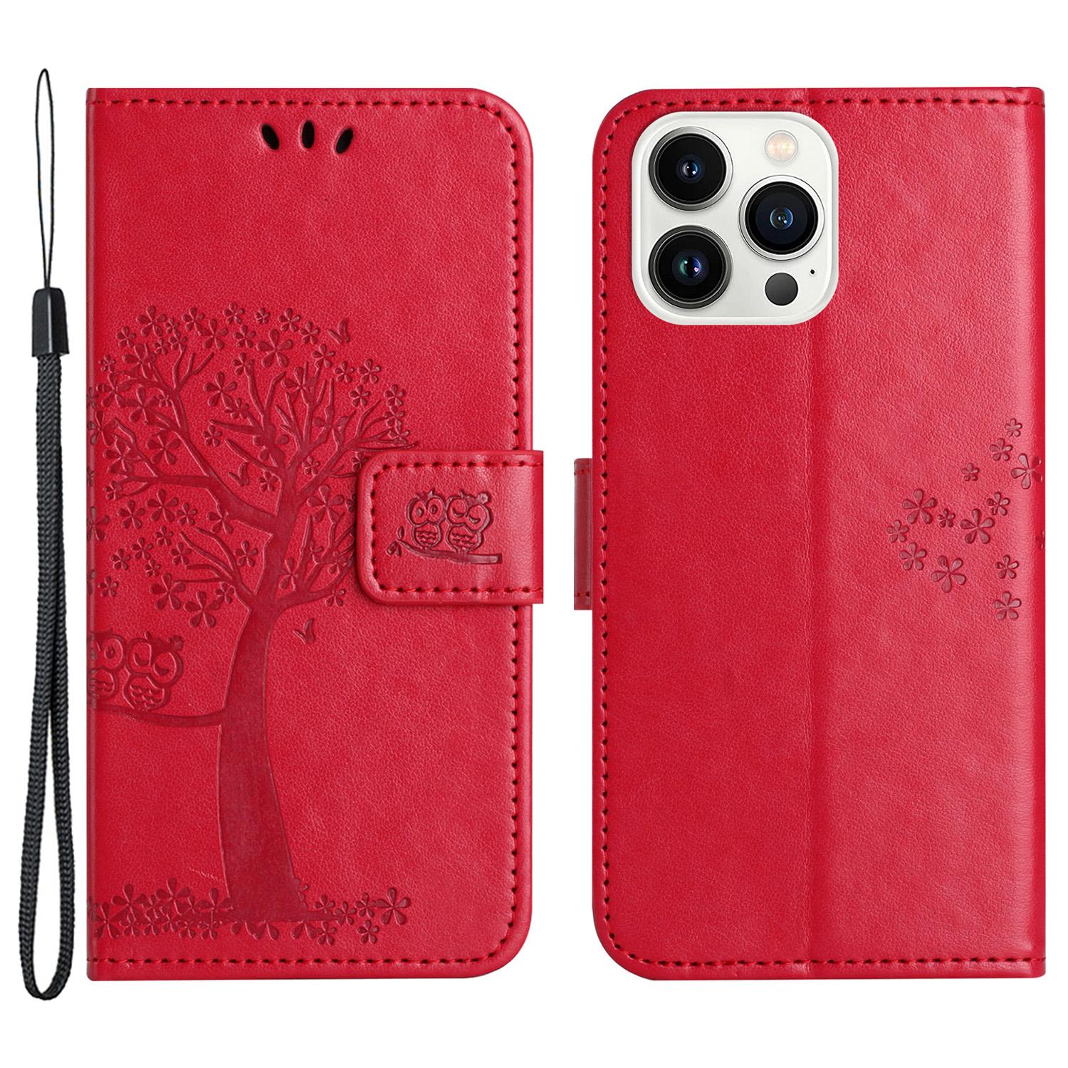 

For iPhone 15 Pro Max Phone Wallet Case PU Leather Owl Tree Imprinted Stand Phone Cover Red