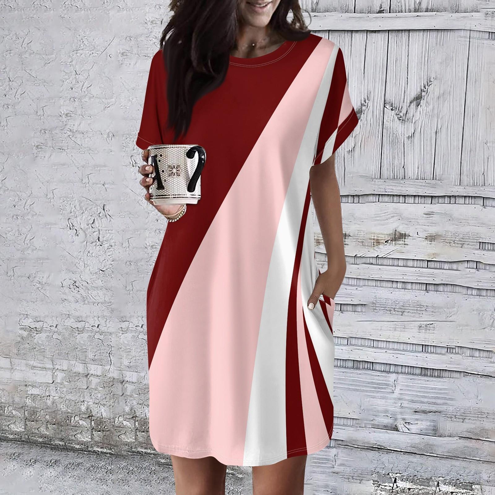 

Жіноча сукня з круглим вирізом і короткими рукавами, повсякденні літні сукні-туніки Вільна сукня з кишенею M червоний