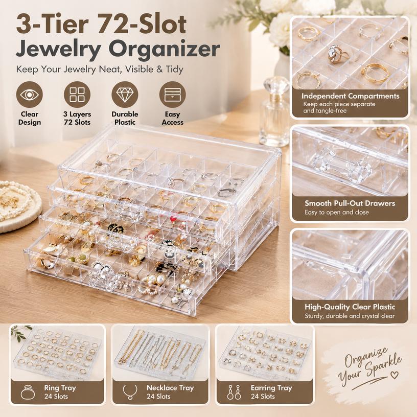3-Tier 72-Slot Plastic Jewelry Organizer