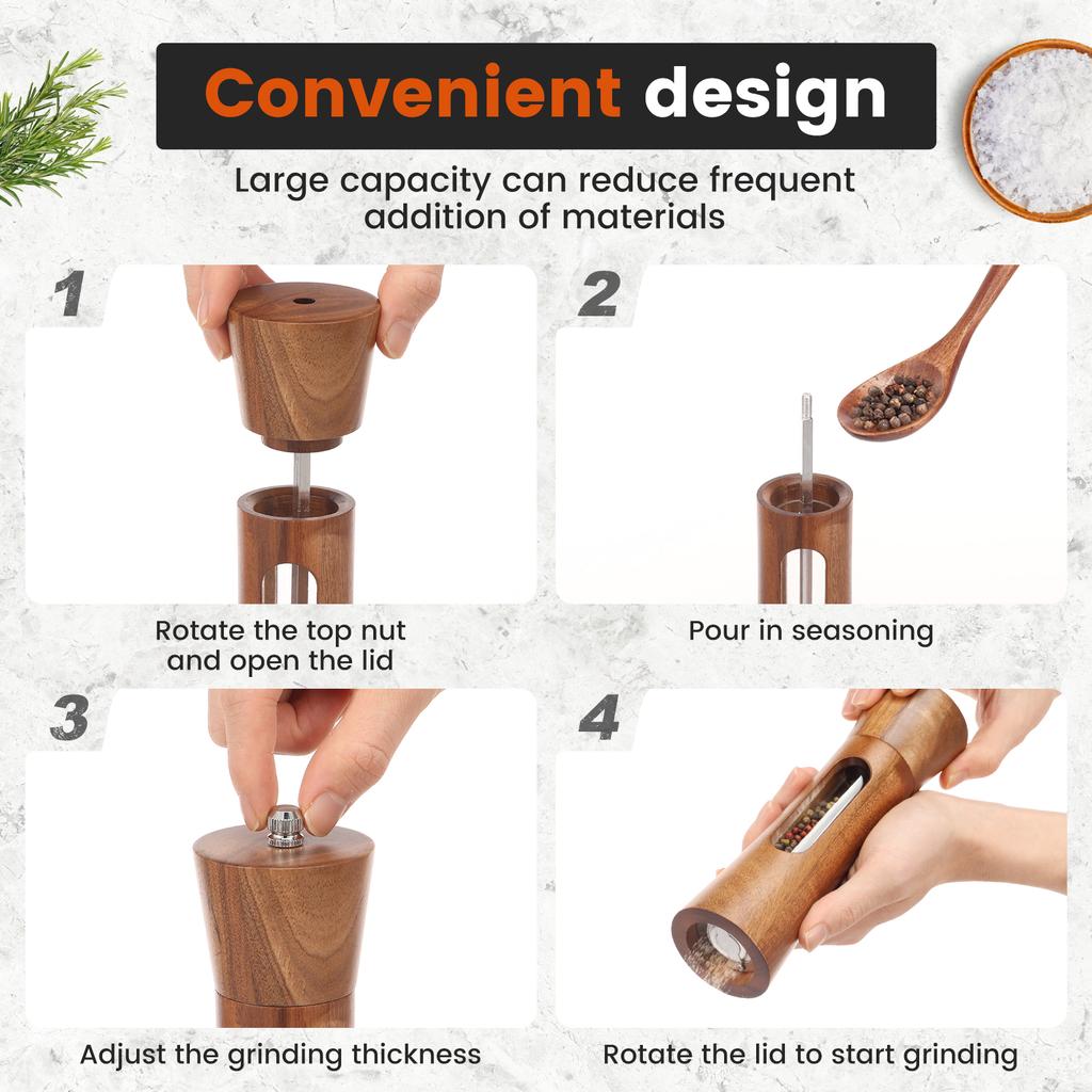 1 Set Manual Salt and Pepper Grinder Wooden Adjustable Coarseness Multi-purpose Spices Grinder 7.87 Inch Salt Pepper Grinder Set