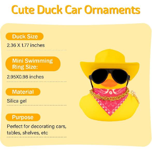 Wonuu Rubber Duck Car Ornaments Duck Car Dashboard Decorations for Cute Car Accessories with Cowboy Hat Necklace and Sunglasses, Shiny Yellow