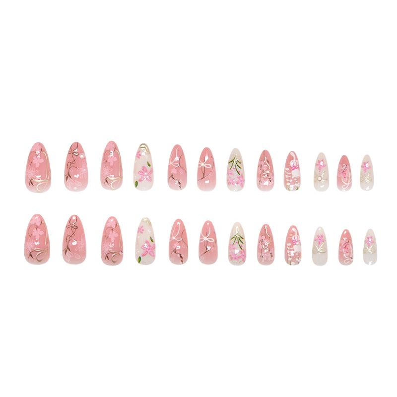 Three-dimensional Lines Flower Gradual Change Bow Sweet Powder Flash Diamond Pearl Removable Manicure 24 Pieces