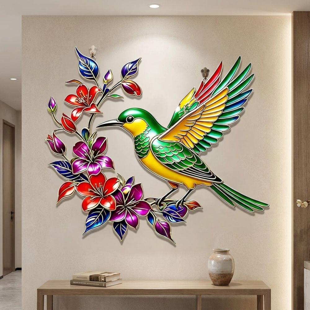 Hand Painted Iron Art Bird Wall Hanging Colorful Flower Colorful Birds Sculpture  Balcony Patio