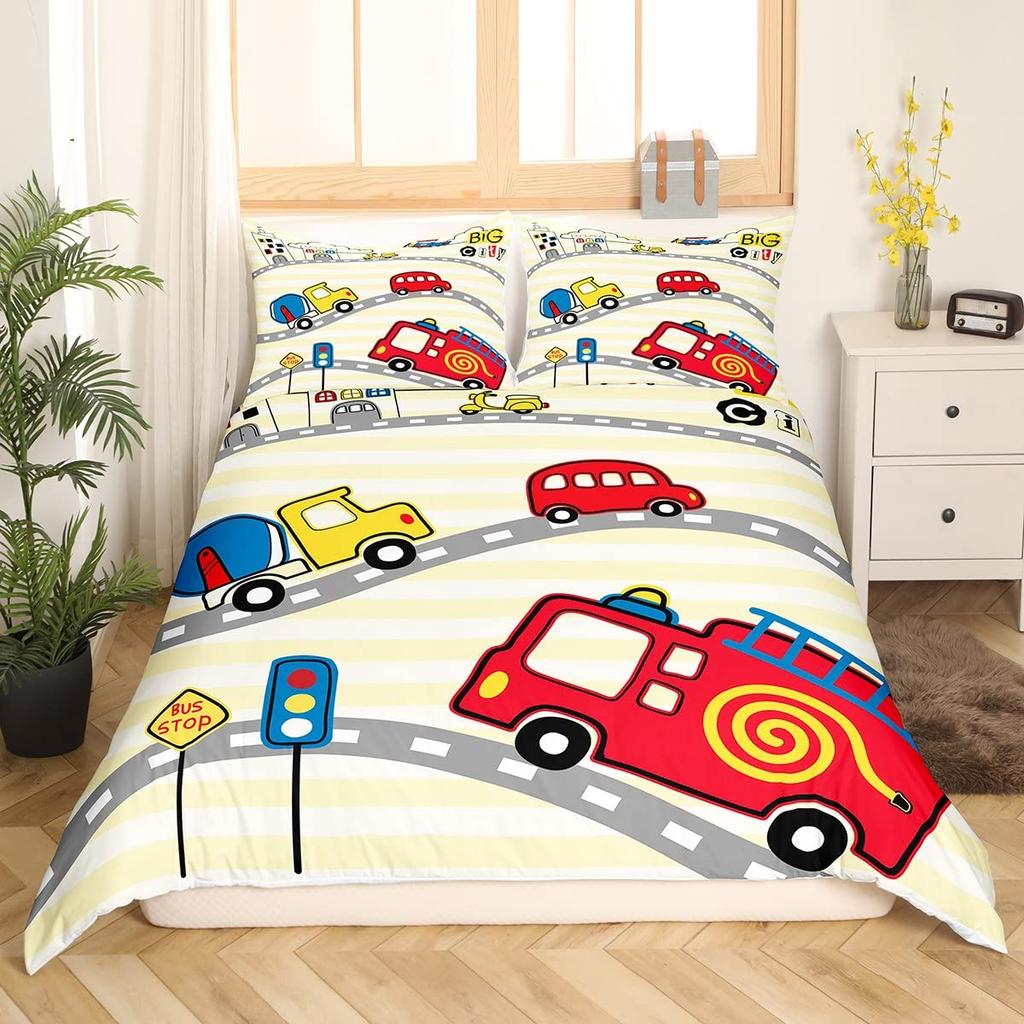 Truck Excavator King Queen Duvet Cover Yellow Tractor Bedding Set For Kids Boys Girls Cartoon Car Transporter 2/3pcs Quilt Cover