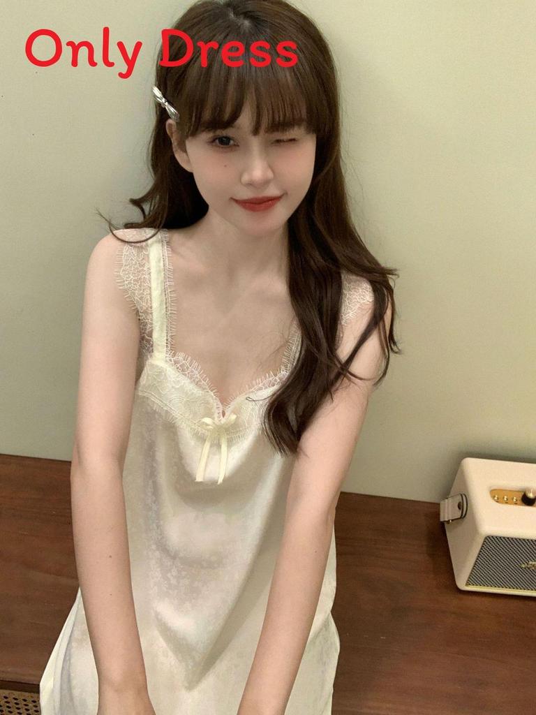 French Elegant Ice Silk Sleepwear For Women With Lace Camisole Slip For Home Comfort