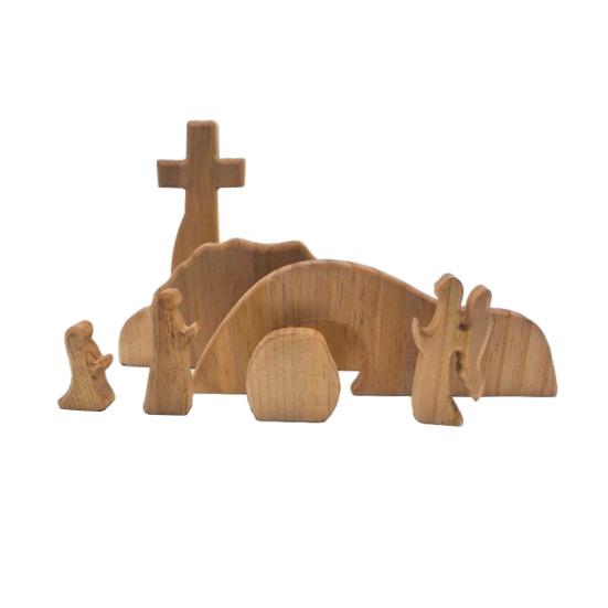 Décoration de Pâques représentant le tombeau vide, un plateau en bois avec la scène de la résurrection de Pâques et la scène de la Nativité de Jésus. Ornement de table.