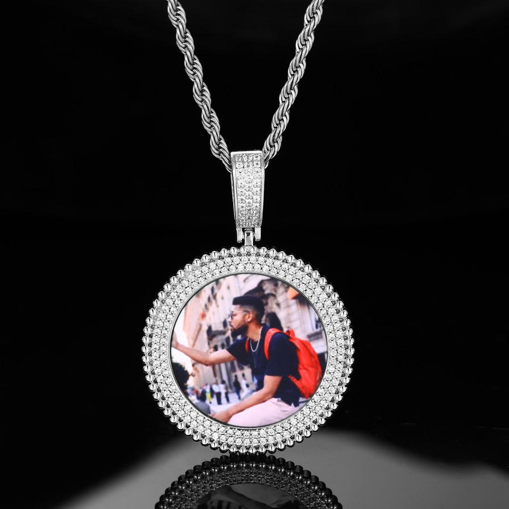 Trendy Hip Hop Round Photo Pendant Necklace with Copper and Zircon Inlays - Customizable