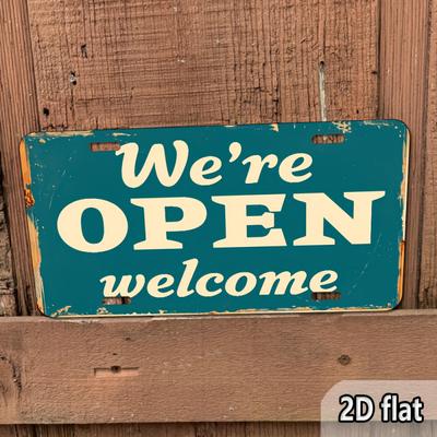 2D Flach - Vintage Metallschild "Wir haben geöffnet, willkommen" - 15x30 cm Aluminium Wandkunst mit verwittertem Blau & Weiß