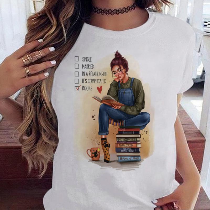 Women's Top Urban Girl Printed Casual White Cute Simple Retro Front Shoulder Pure Cotton Short Sleeved T-Shirts Women’s