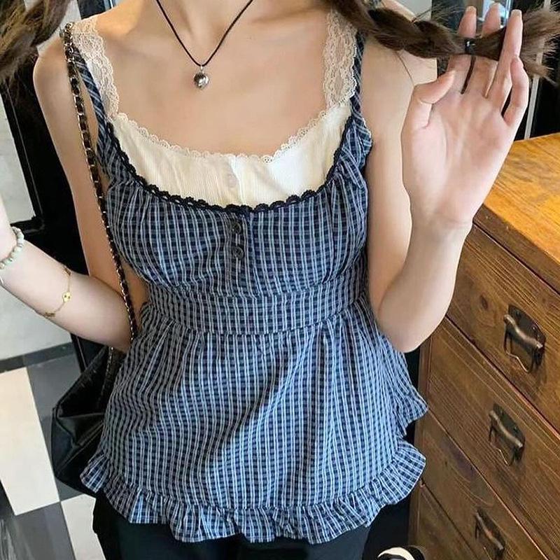 

Клітинний двокомпонентний жилет-камісоль: Топ з мереживною вставкою та квадратним вирізом для жінок 2024 Small синій