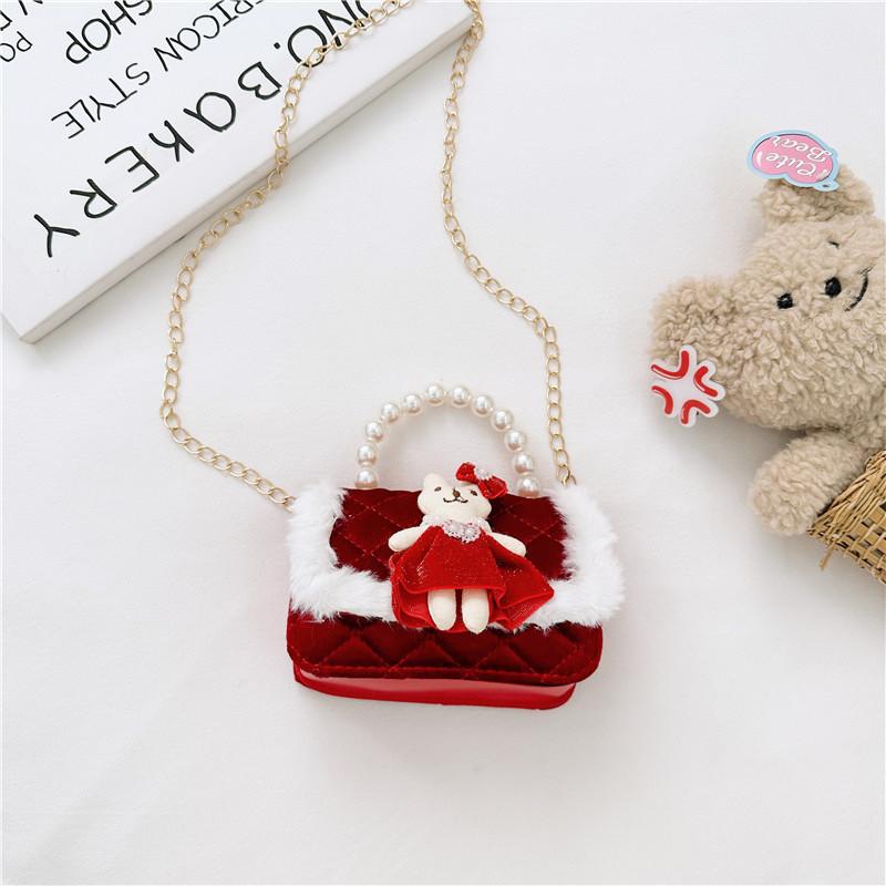 Kids Red Chain Crossbody Bag With Flower And Artificial Pearl Handle Design