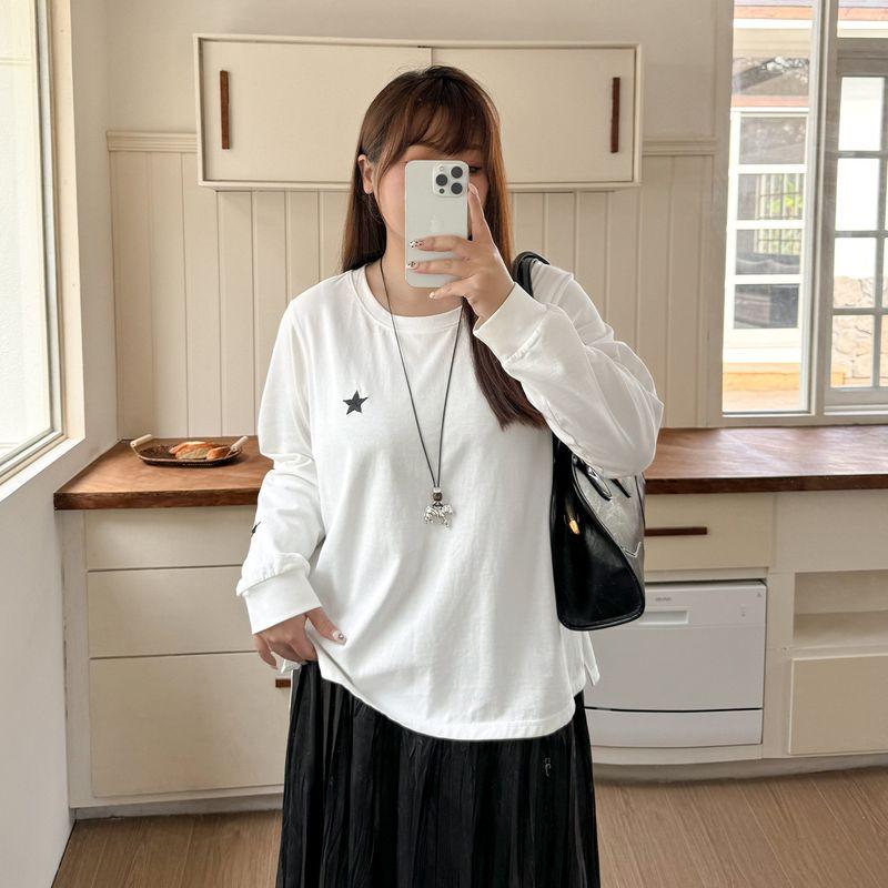 

Plus-Size Women s Clothing [Fashionable and Simple T-Shirt] Spring Round-Neck Star Embroidery Long-Sleeve Slimming Top for Plus-Size Women 100kg Cheese White 9xl