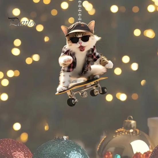 Adorable Cat Hanging Ornament Car Rearview Mirror Pendant with Lanyard Easy To Hang Animal Cat-Shaped Xmas Tree Pendant