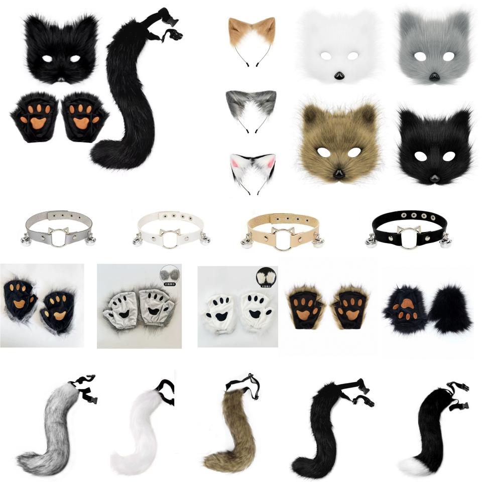 Halloween Cosplays Foxes Mask+Tail +Gloves Set Costume Accessorie Wolf Therian Theme Party Dress Up Props Costumes Accessories