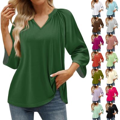 Women's Summer Casual 3/4 Sleeve T-Shirt Solid V Neck Pullover Top
