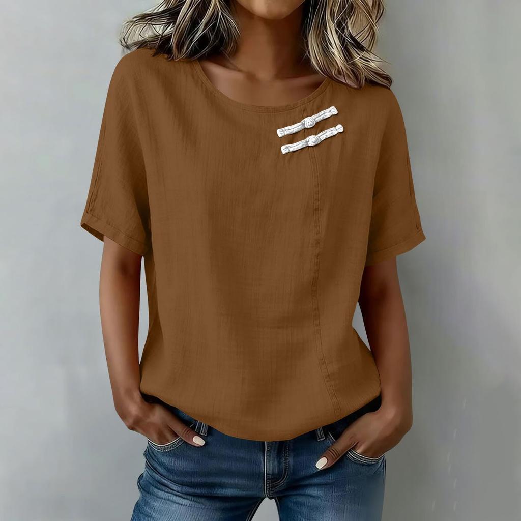 Women Short Sleeve Round Neck Button Shirt Casual Linen Blend Top Lightweight Breathable Summer Blouse with Decorative Buttons