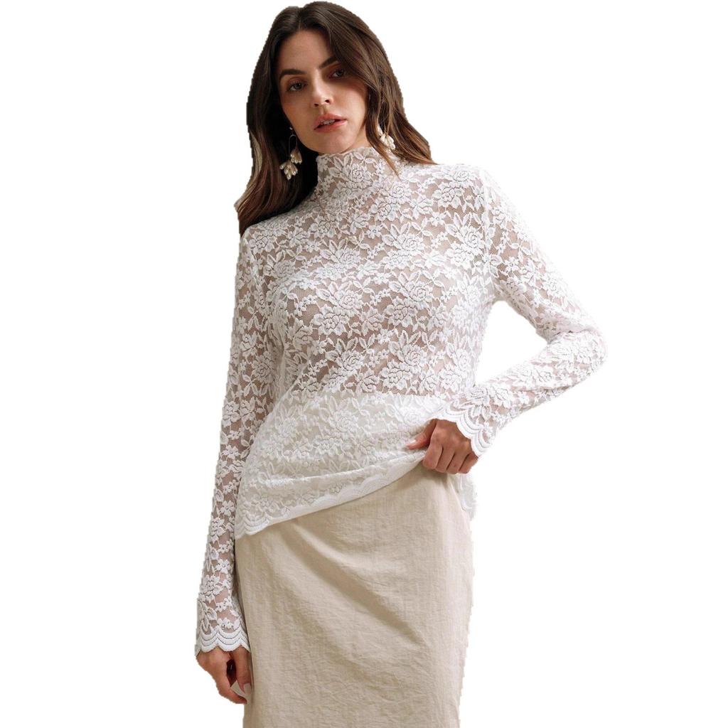 Höst Vinter Damer Fransk Spets Långärmad Elastisk Hög Hals T-shirt Topp Dam Mode Vardaglig Grundläggande Kontorsdam Avslappnad Smal Passform Damer Elegant Topp