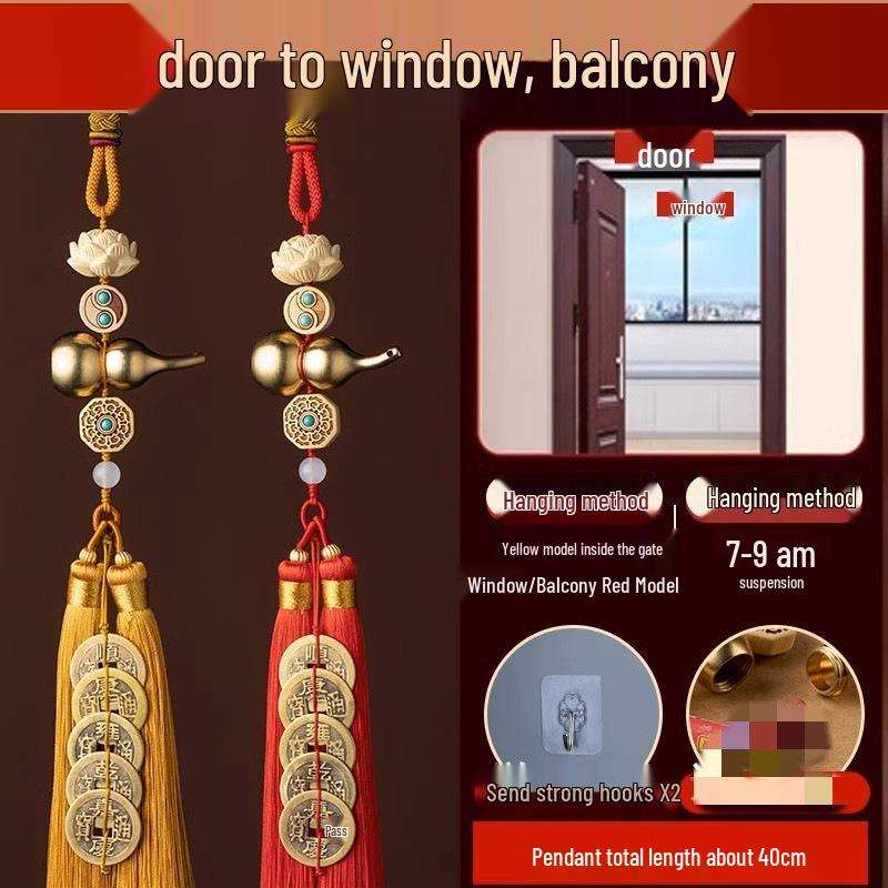 Brass Gourd Pendant with Five Emperor Coins - Boxwood Accessories for Door or Car Hanging Ornament